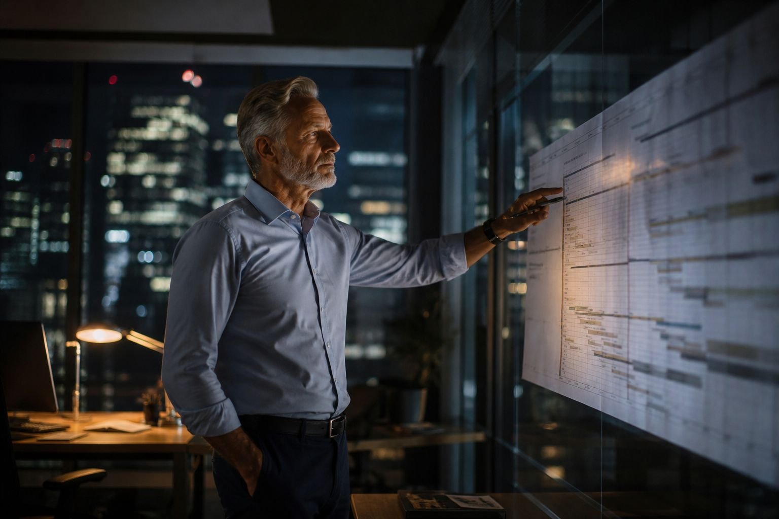 Project controls specialist reviewing a programme in a night-time studio environment